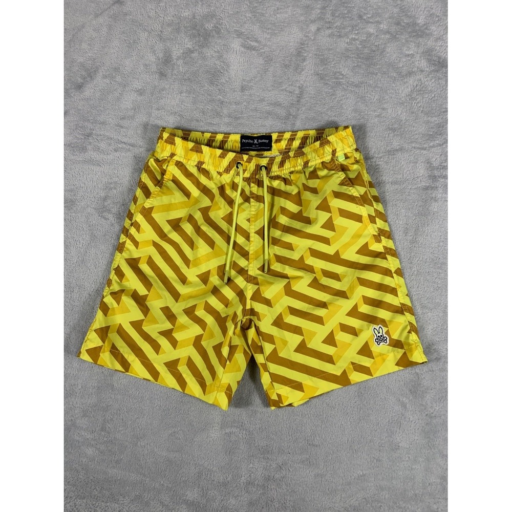 Psycho Bunny XS Mens Swim Trunks Yellow Brown Geometric Board Shorts